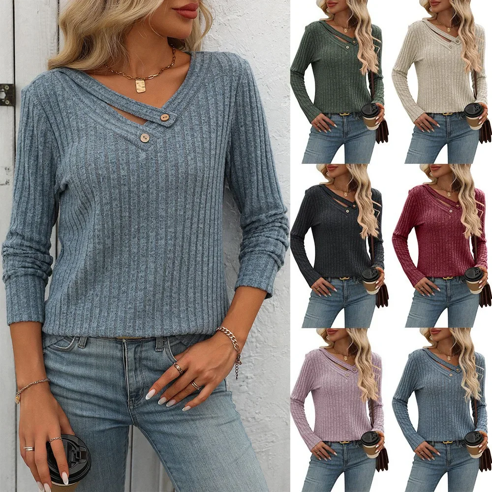 

2025 женский новый весенне-осенний топ, женский свободный повседневный топ на пуговицах с v-образным вырезом и футболка в полоску для женщин, разноцветная футболка