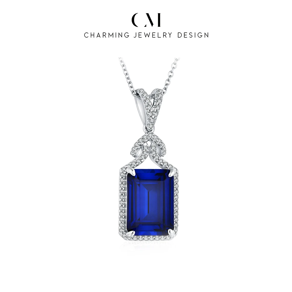 CHARMING Blue Sapphire Octagon Cut Moissanite Necklace 925 Sterling Silver for Women Daily Birthgift Jewelry Wedding Anniversary