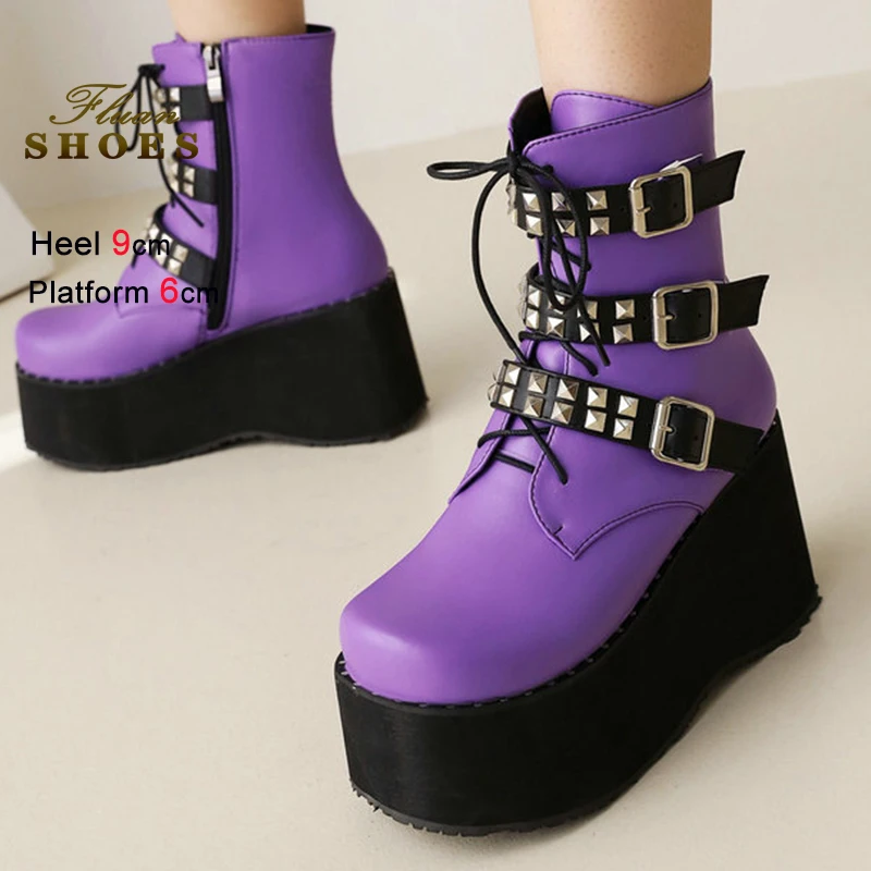 

2025 Purple Women's Knight Boots Round Toe Sloping heels Thick Platform Ankle Boots Cross Strap Rivet Ladies Short Boots Size 46
