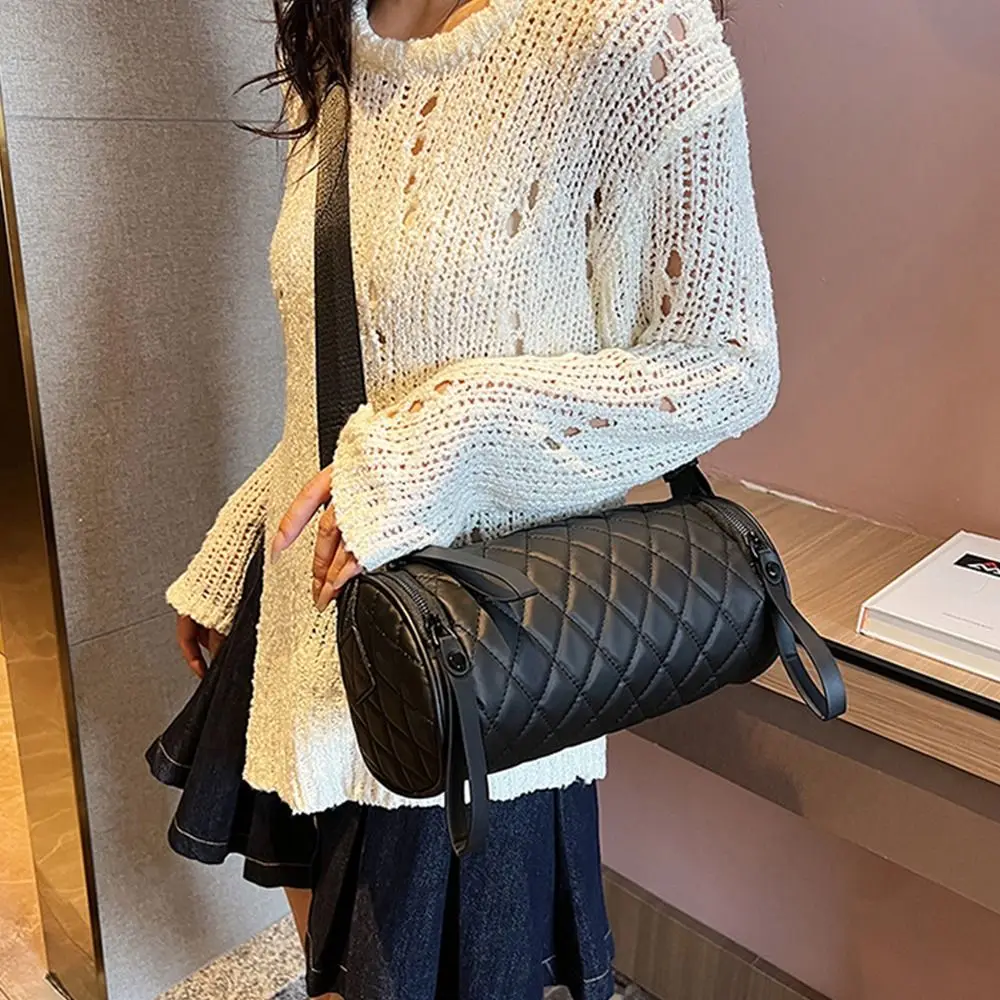 

Temperament Elegant Nylon Shoulder Bag Korean Style Solid Color Rhombus Crossbody Bag Handbag Plaid Cylinder Bag Office Worker