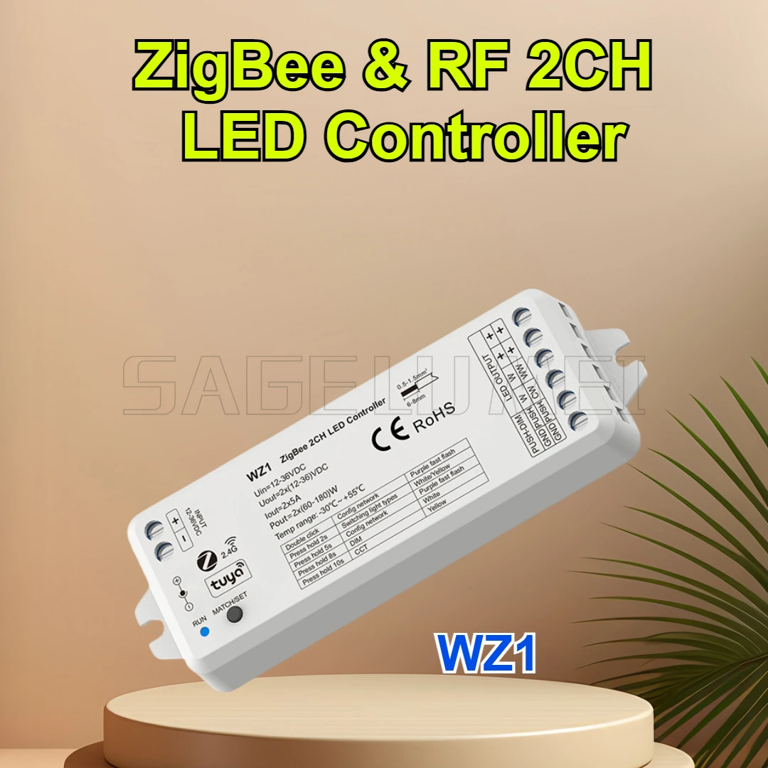 ZigBee3.0 & RF 2CH LED Controller WZ1 DC12-36V Tuya APP Cloud Wireless Remote Control 2 Channels for Single Color CCT LED Strip