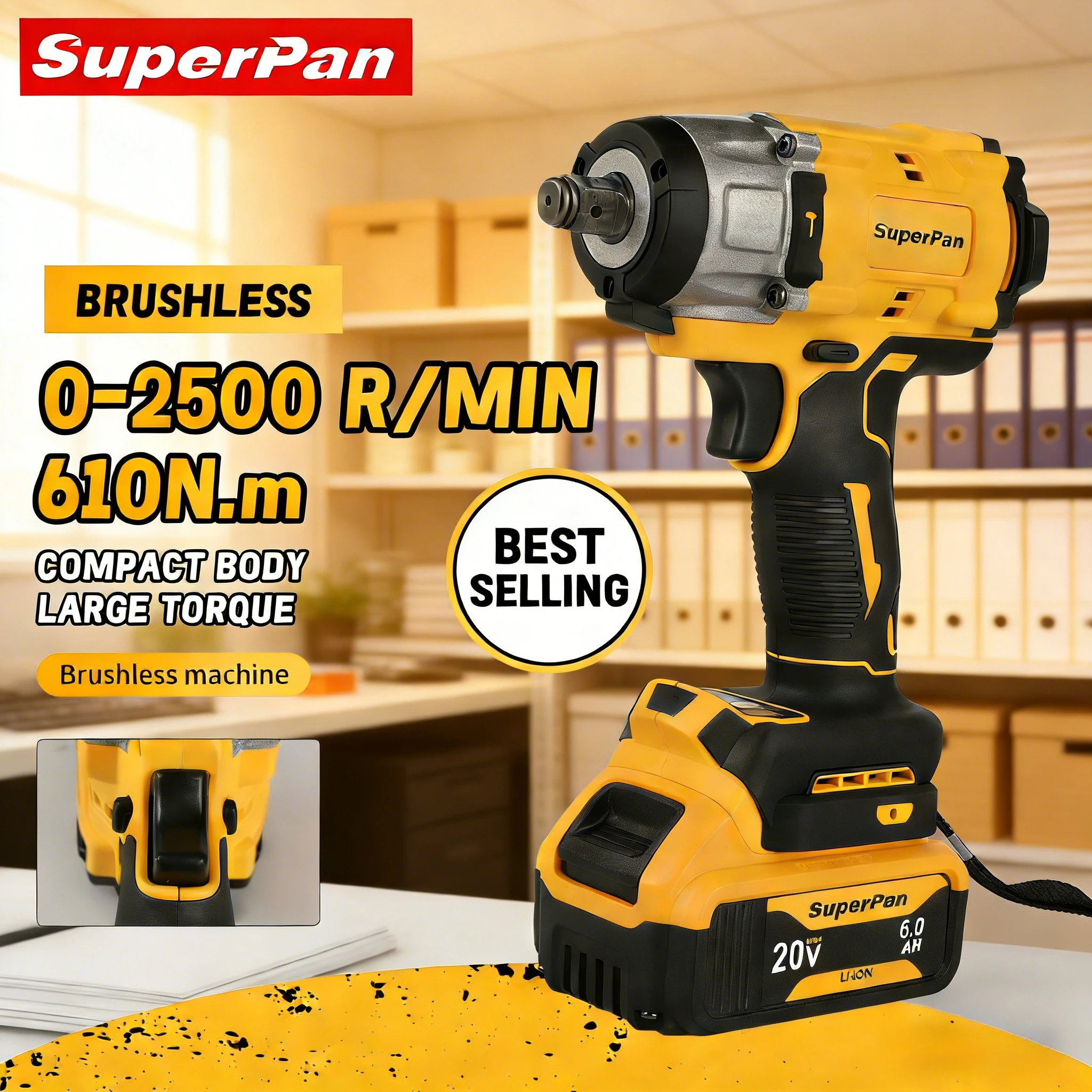 

Беспроводной гайковерт SuperPan SP922, электроинструмент с регулируемым крутящим моментом для автосервиса, совместим с аккумулятором DeWalt 20V.