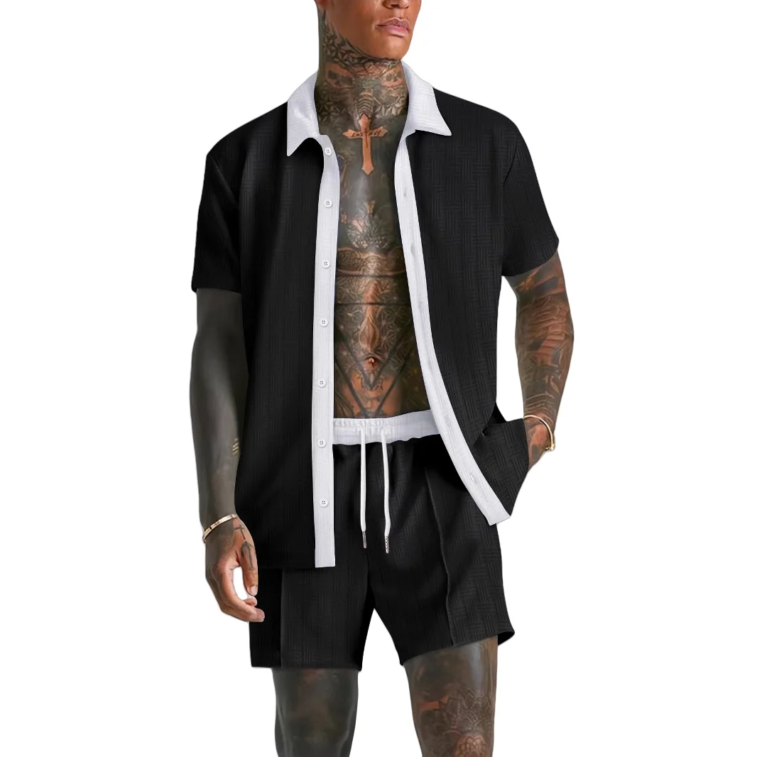 Men's Summer Casual Beach Set Fashionable Comfortable Jacquard Lapel Color-Matching Sleeveless Shirt And Shorts Two-Piece Ensemb