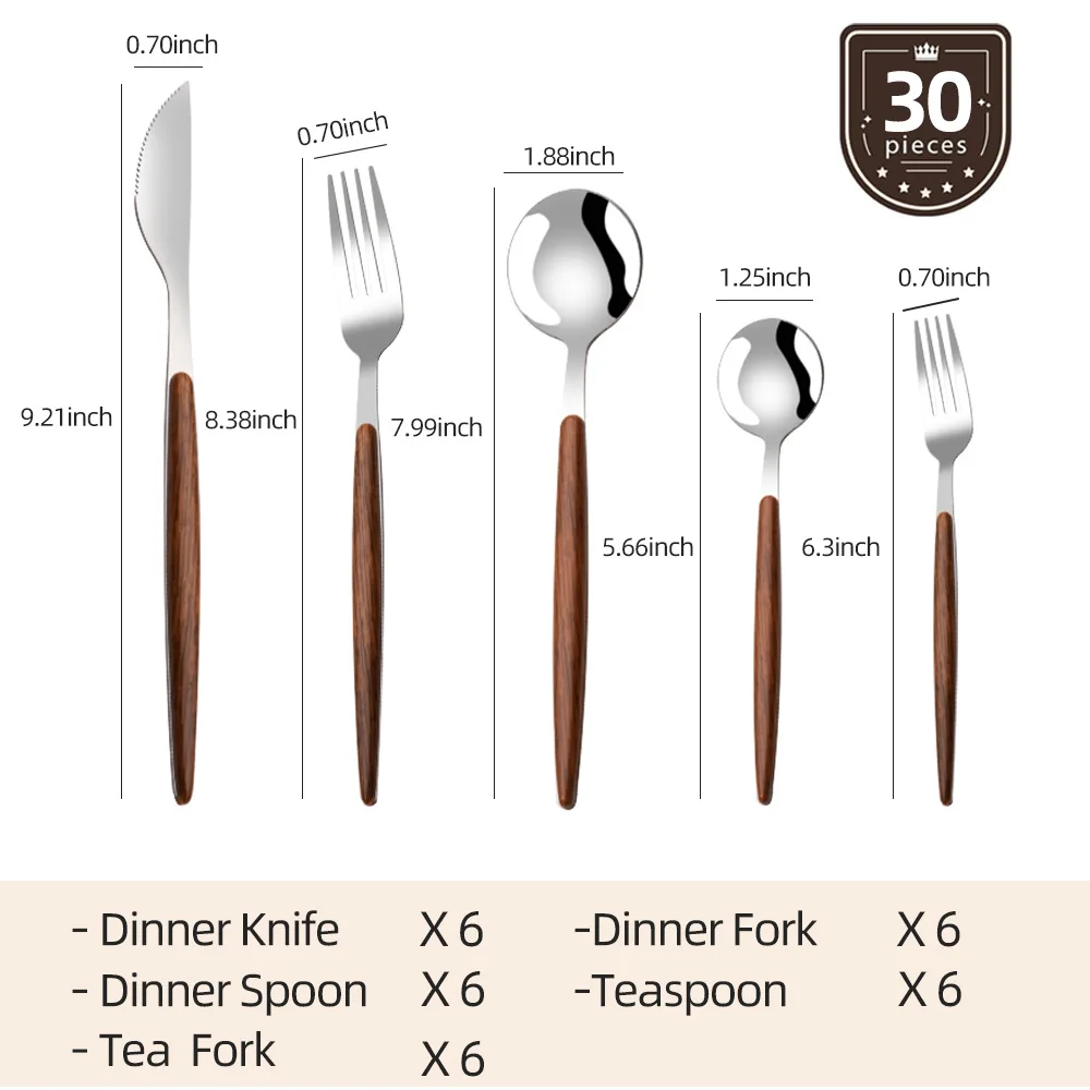 LMM stainless steel tableware set Dishwasher available imitation wooden handle pointed tail knife fork spoon 30 piece set