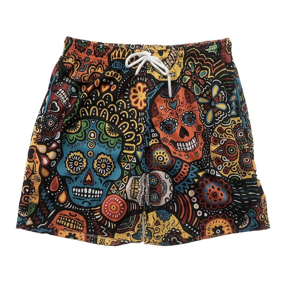 Retro skull men's casual shorts ethnic style artistic female beach wear summer y2k women breathable short pants man streetwear