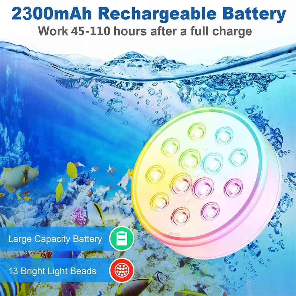 USB Pool Lights Rechargeable Submersible LED Lights with Remote RF IP68 Underwater Waterproof Pond Light for Inground Pool Decor