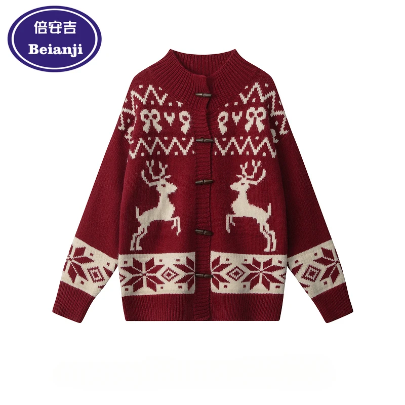 

Beianji sweater Cardigan Vintage horn button Christmas men's winter red moose atmosphere knit coat official-website