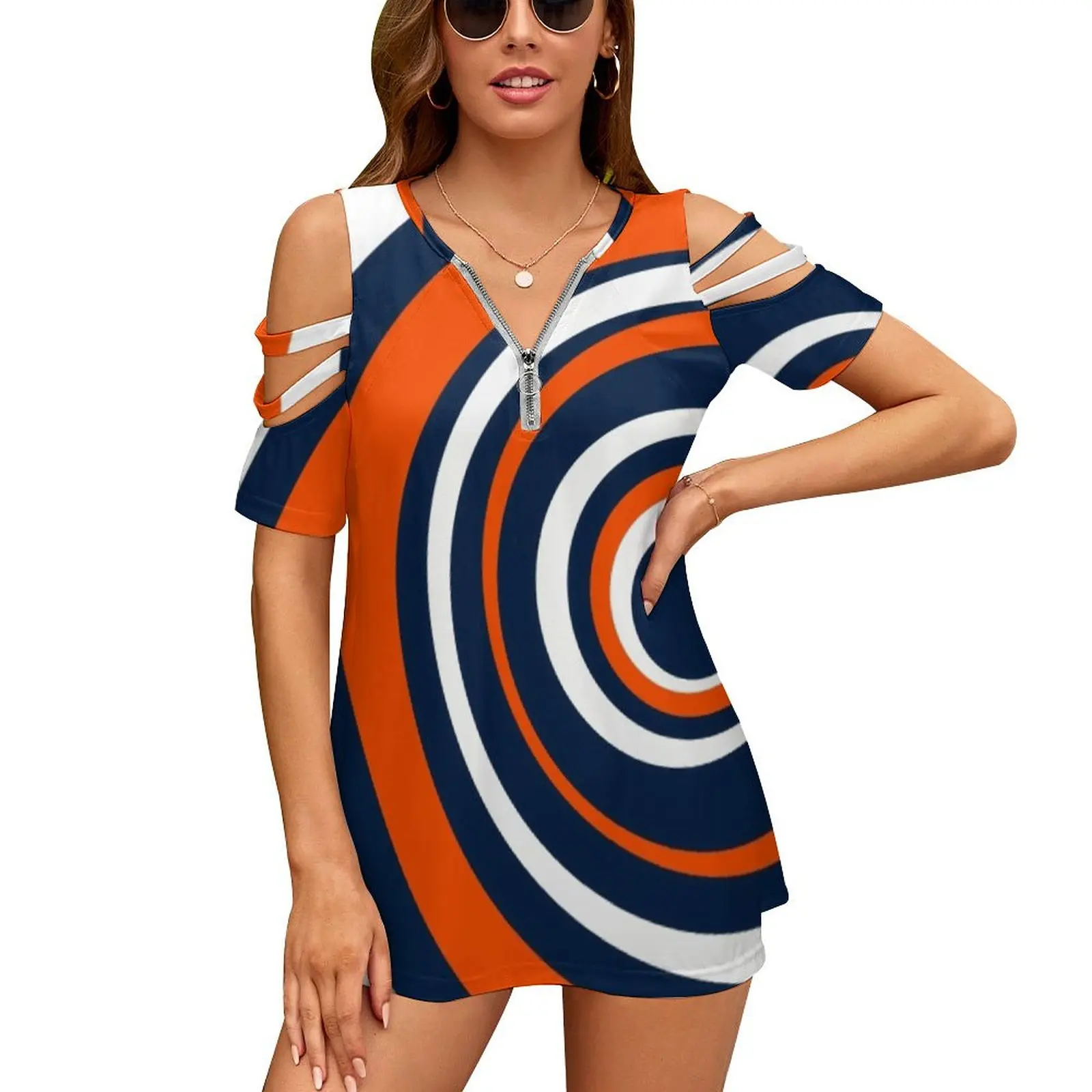 Team Series-- Circles! Women's T-Shirt Summer Fashion Print Floral V-Neck Zipper Tshirt Hollow Pullover Ladies Top Hockey