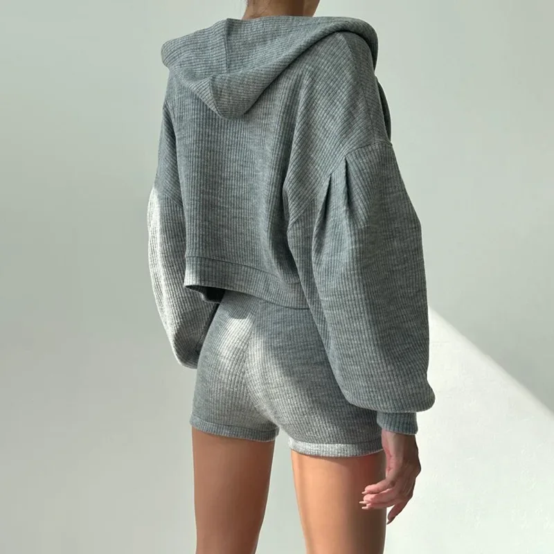 Autumn and winter knitted zipper hooded cardigan sweatshirt V-neck bra high-waisted tight shorts casual three-piece set