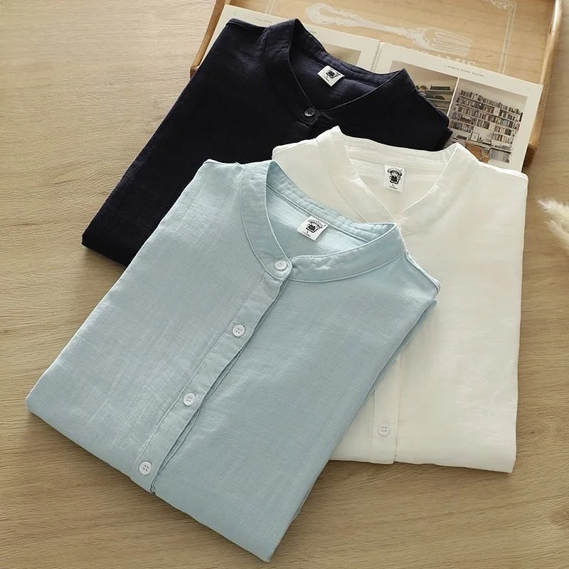 

Unisex Small Size Linen Long Sleeve Shirt Cotton Linen Collarless Stand Collar Men's Fashionable Breathable Summer Shirt