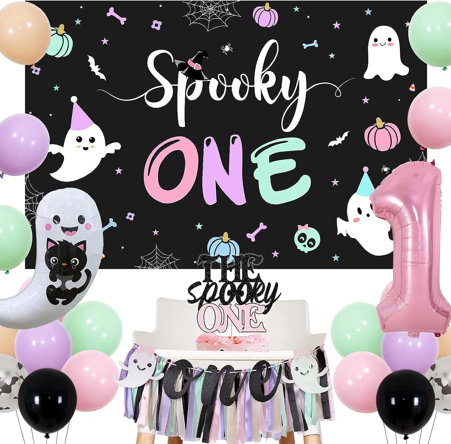 

Spooky One Halloween 1st Birthday Party Decorations for Girls The Spooky One Backdrop Cake Topper Pastel Macaron Balloon Garland