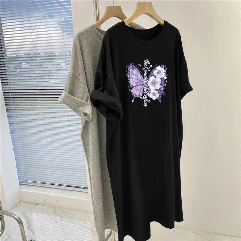 Women Clothing Chic Butterfly Printed Dresses Casual Loose Summer New Fashion All-match Dress Basic O-neck Pullover Tunic