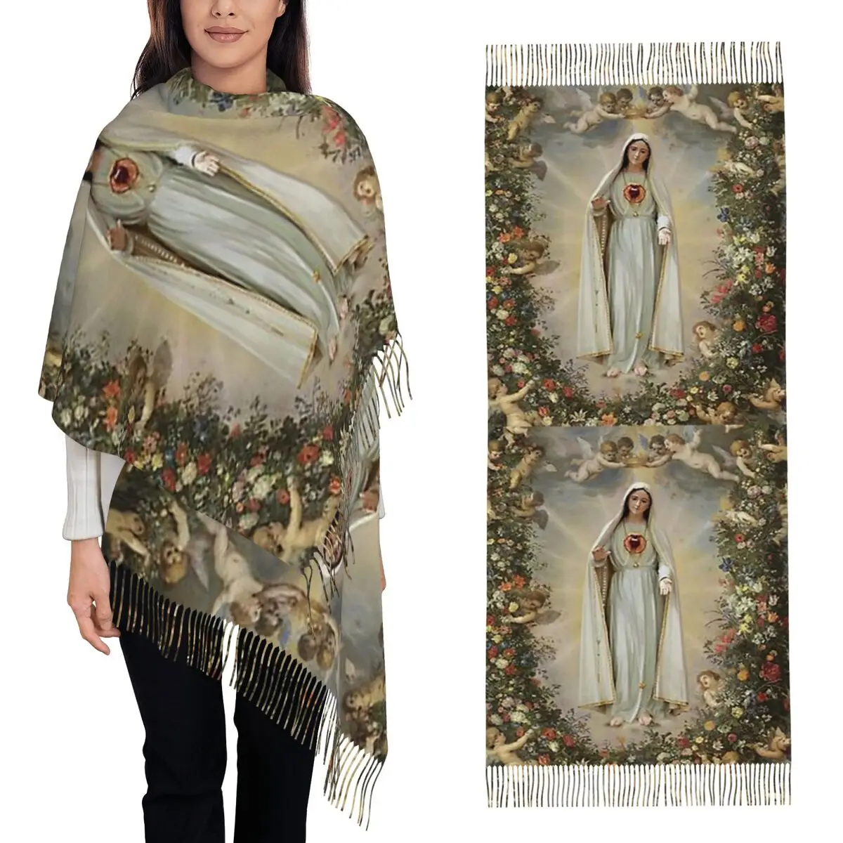 Virgin Mary Immaculate Heart Of Mary Mother Of God Our Lady Scarf Tassel Scarves for Women Shawls and Wraps Large Shawl Wrap