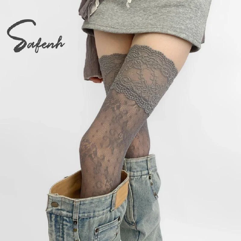 Calze a rete in nylon con finiture in pizzo sexy per donna Calzini lunghi sopra il ginocchio JK con rete dolce floreale retrò traspirante