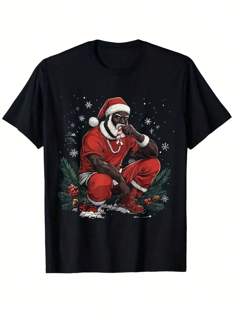 Men's African American Claus T-Shirt - Black Short Sleeve With Dreadlock Santa Golden Chains Design, Hot Transfer 100% Cotton