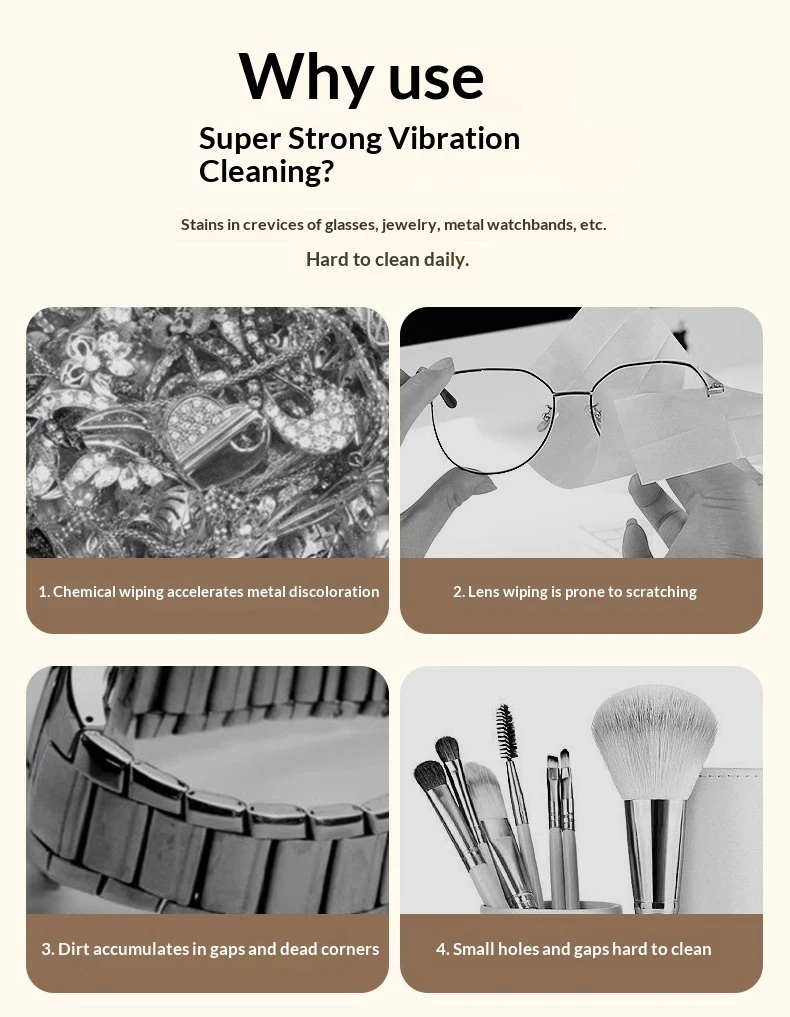 Tragbarer Ultraschallreiniger, USB-aufladbares Vibrationsreinigungsgerät für Brillen, Schmuck, Uhren und Make-up-Pinsel – Detail 3