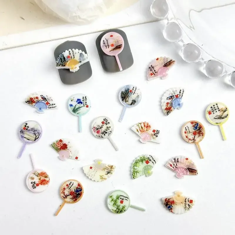 

50PCS Mini Antique Style Fans Nail Art Charms Ink Painting Fan Face New Chinese Style Nail Decorations for DIY Fashion Nails
