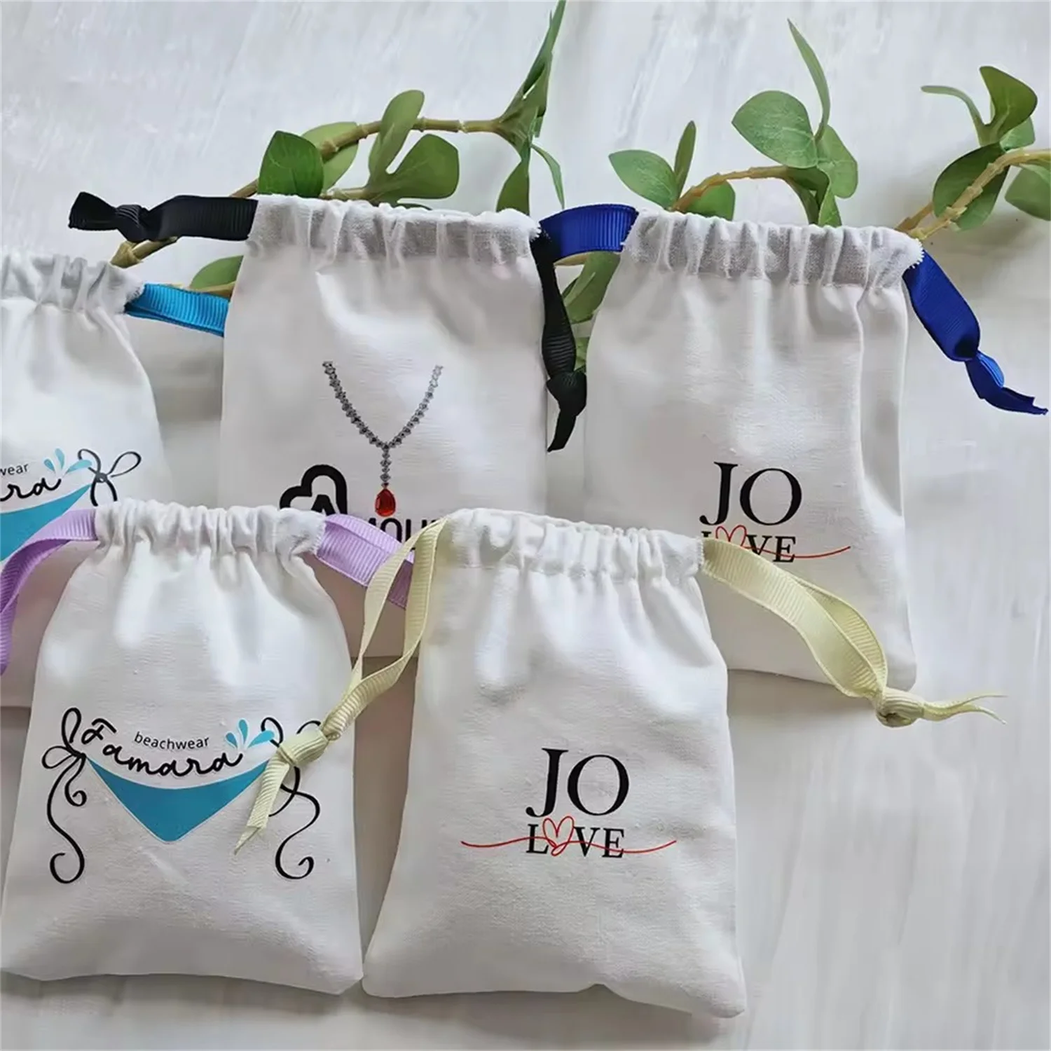 Custom Logo Jewelry Gift Pouches Cotton Drawstring Bags with Silk Ribbon Closure Earring Ring Packaging Cosmetic Storage Wedding