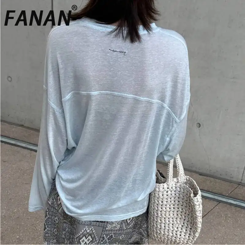 FANAN Women's Long Sleeve T-Shirt Summer Thin Sheer O-Neck Casual Loose Sun Protection Minimalist Back Print Streetwear Tee
