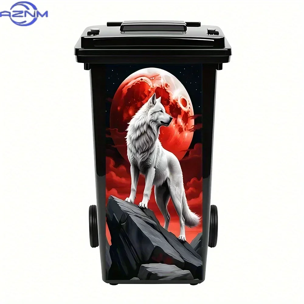 2D 1PC1pc Waterproof PVC Stickers for Trash Cans - Majestic White Wolf Designs Against Red Moon, Great for Wall Art, Home Deco