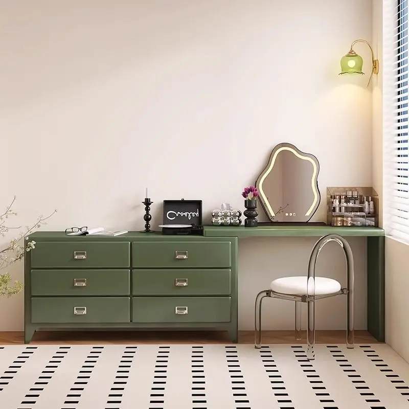 

Retro Dresser table with Chest Integrated Bedroom, Small Apartment, Solid Wood Paint Green Makeup Table, Bedside Storage Cabinet