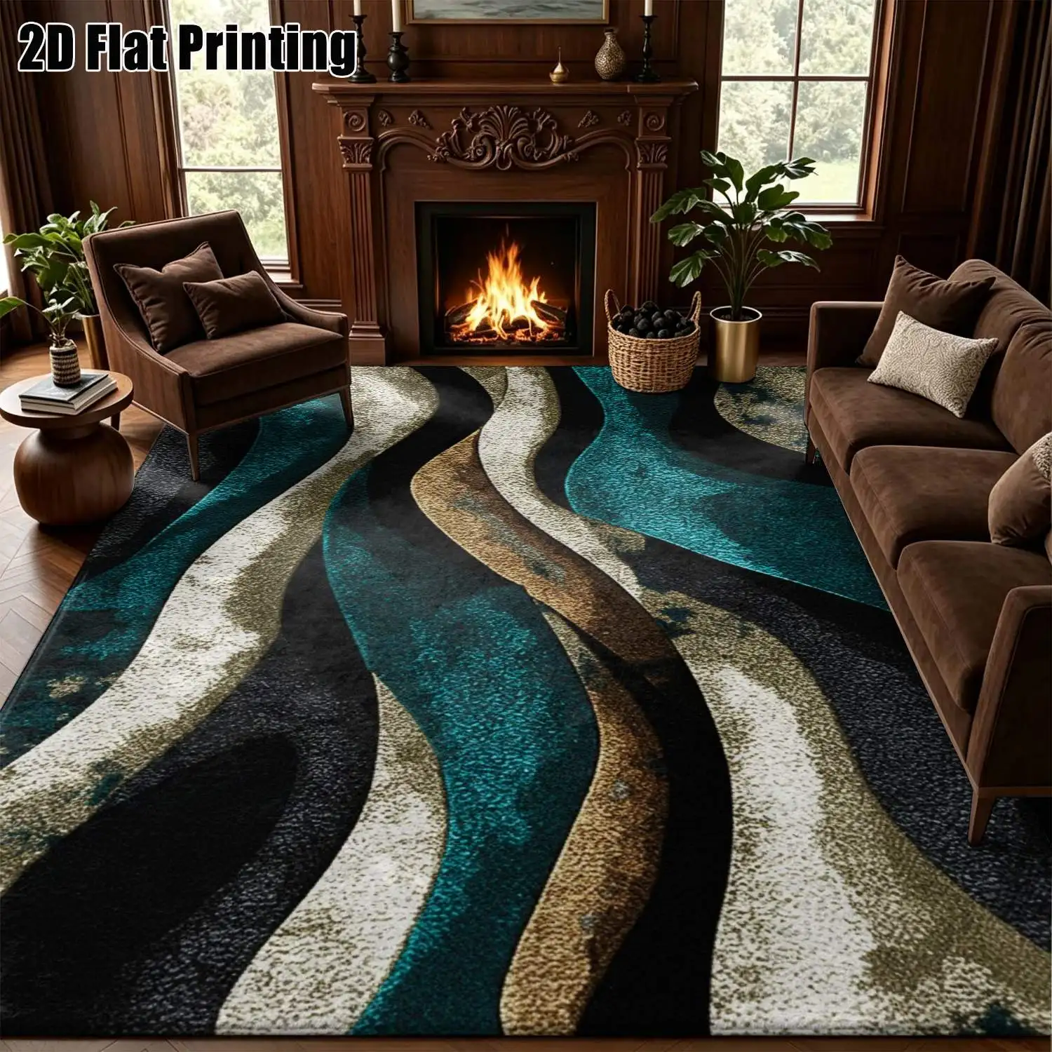 1Pc 2D Printed Carpet: Blue Black Brown Abstract Art, Nordic/Instagram Style, Modern Minimalist Geometric Stripe Vintage Home Decor, Multi-Size, Machine Washable, for Entryway, Dining Room, Bedroom, Living Room, Etc