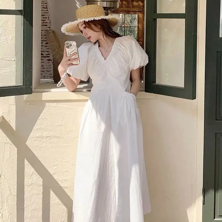 Summer French V-neck Bubble Sleeve Mid-length First Love Dress Women's High Waist Show Thin Fairy Pommel dress