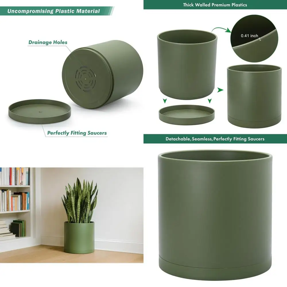 

14-дюймовые пластиковые горшки для растений с дренажными отверстиями и поддоном, цвет оливковый