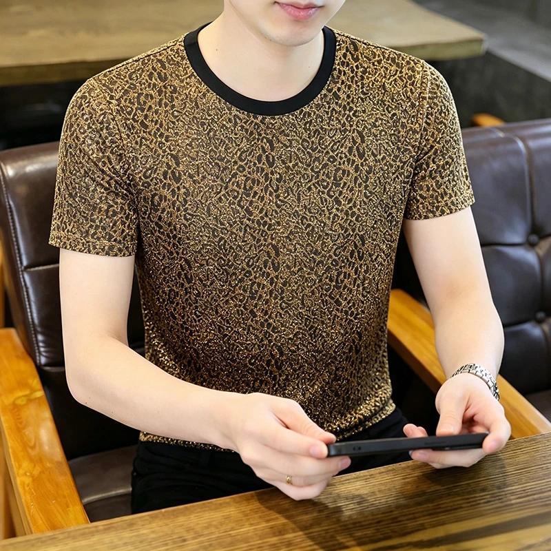 Metallic Fiber Polyamide Blend T Shirt For Men Short Sleeve Ice Summer Quality Soft Comfortable Leopard Tees Camisetas De Hombre