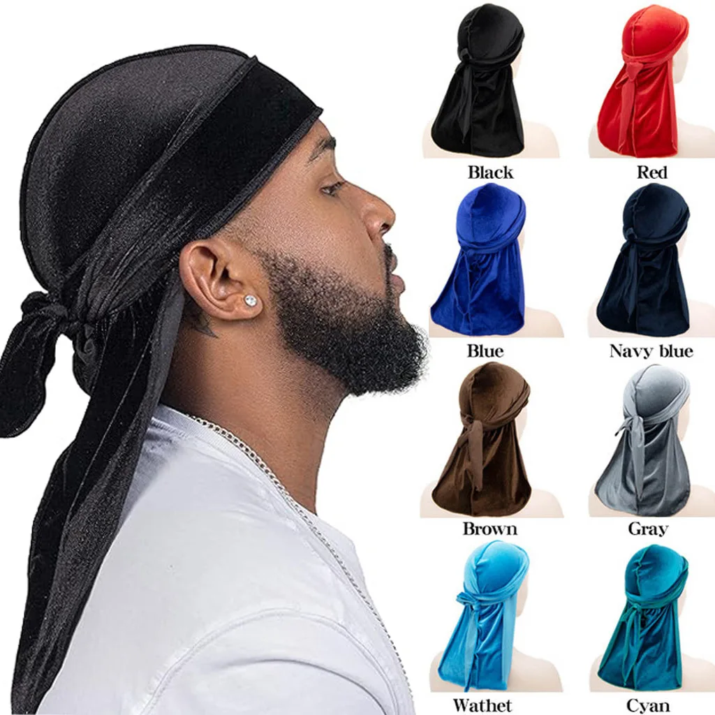 Men Velvet Durag Long Tail Wave Cap Soft Headwrap Breathable Hair Protection Pirate Hat Fashion Headwear