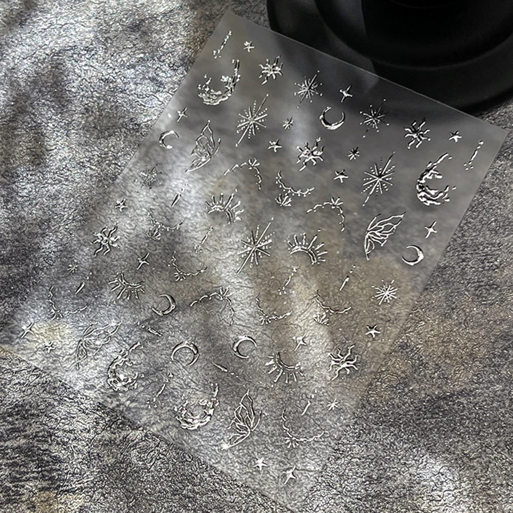 1개 3D 실버 골드 별/달/태양 네일 스티커 프렌치 보헤미아 토템 셀프 접착 네일 아트 데칼 DIY 레트로 매니큐어 장식