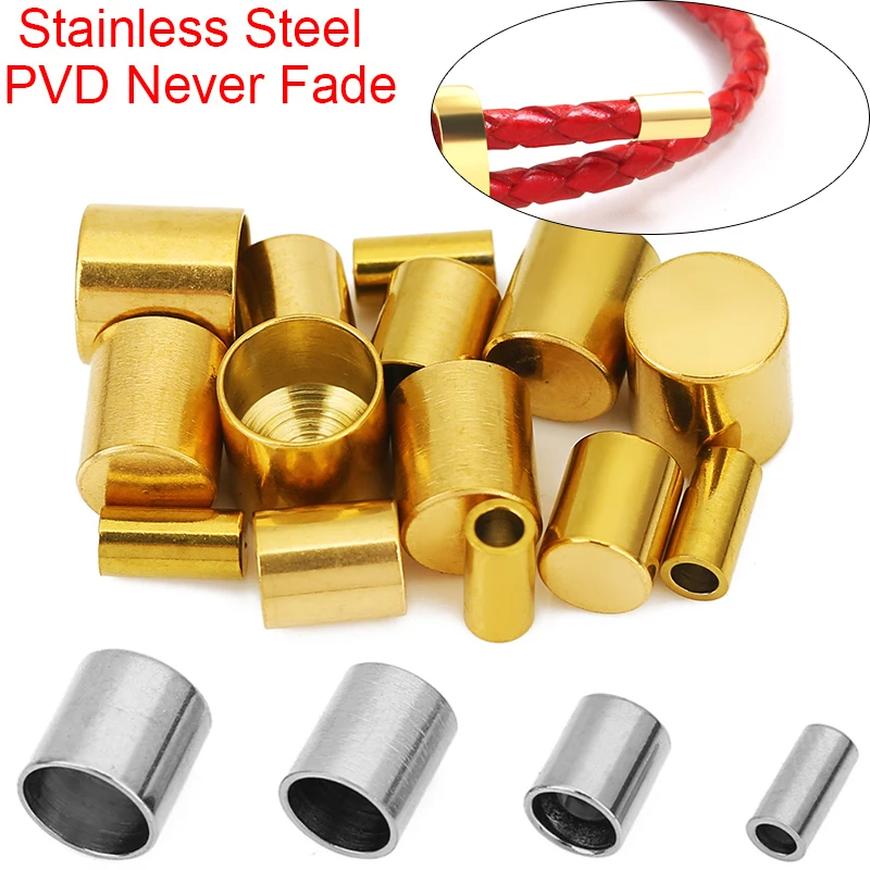 20pcs Stainless Steel Caps Fit 2 3 4 5 6 mm Leather Cord Bracelet PVD Never Fade Necklace Crimp End Beads For Jewelry Supplies