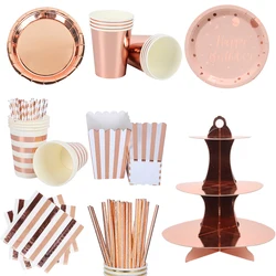 Rose Gold Party Disposable Tableware Birthday Party Decorations Adult Kids Cup Plate cake stand Baby Bridal Shower Party Supply