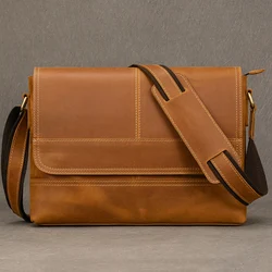 Men's Vintage crazy horse leather messenger bag A4 Genuine leather shoulder bag iPad Thick Cow leather school bag magnetic flap