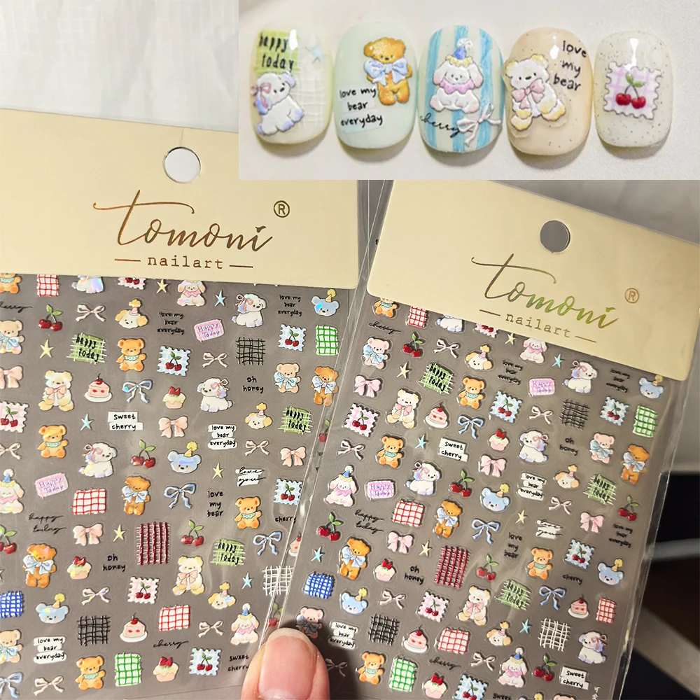 5D Reliëf Kleine Beren Puppy Nail Stickers Kawaii Netto Raster Strik Stickers Zelfklevende Manicure Decals Y2K Decors Levert