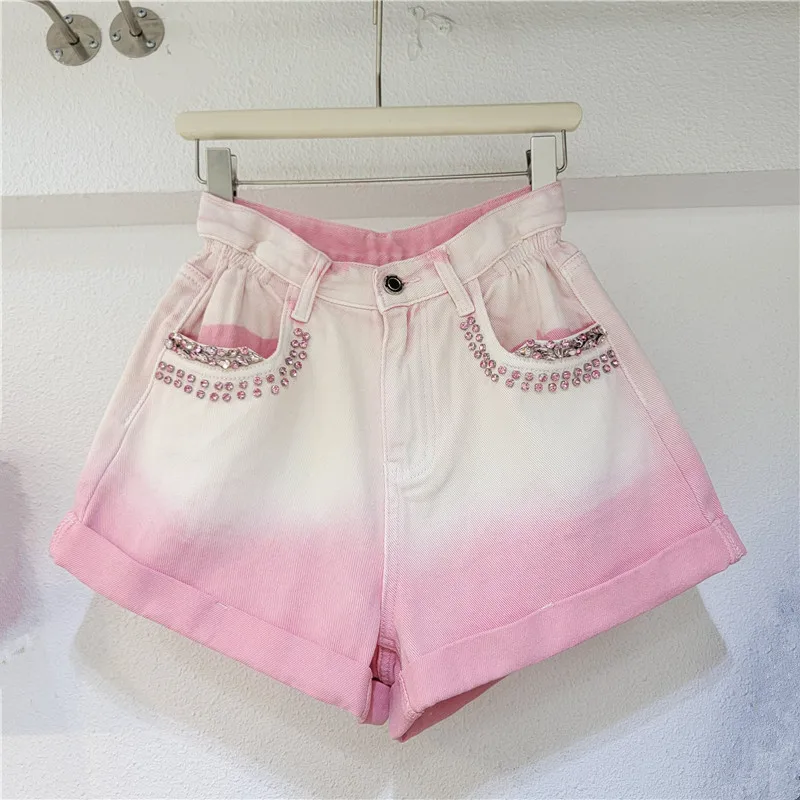 Exquisite Rhinestone Gradient Color Curling Denim Shorts for Women 2024 Summer New High Waist Wide Leg Hot Pants Jean Shorts