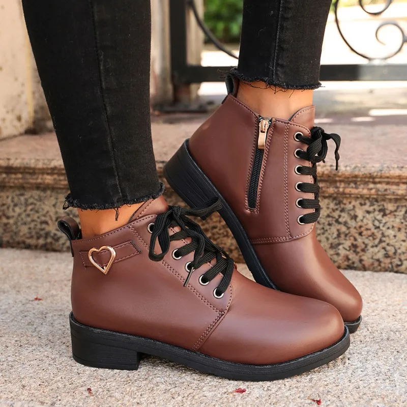 Round Toe Combat Ankle Boots 3.7cm Block Heel Heart Buckle Lace Up Side Zipper Casual Women Daily Fashion Short Booties