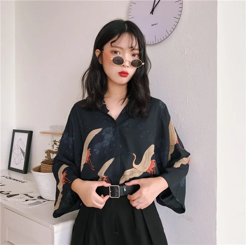 Women\'s Blouses Clothes Japan Kawaii Ladies Retro Summer Style Vintage Crane Blouse Female Punk Harajuku Cute Tunic For Women