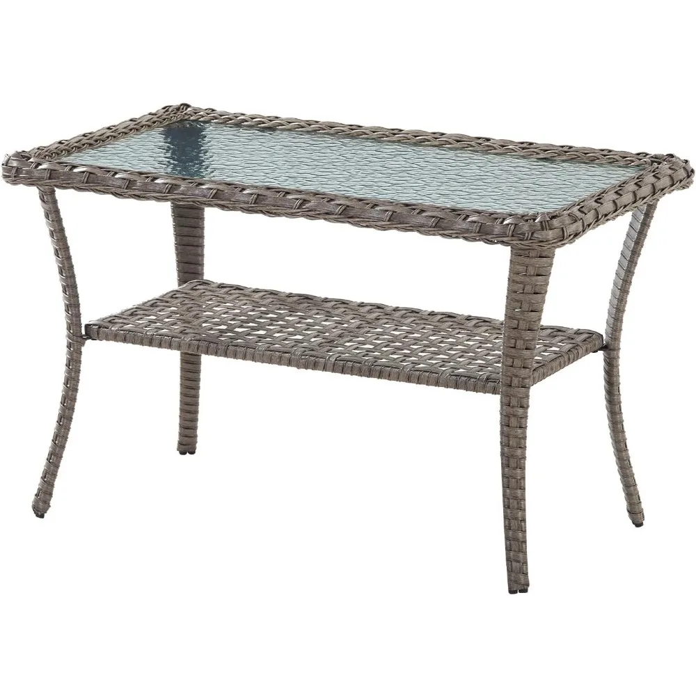 38 Inch Outdoor Coffee Table with 2 Tier Storage - Wicker Coffee Table with Water Ripple Texture Tempered Glass Top, All