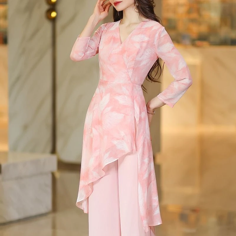 New Style Women Summer Chiffon Suit Casual Wide Leg Pants Elegant Temperament Youthful Age Reducing Two Piece Set