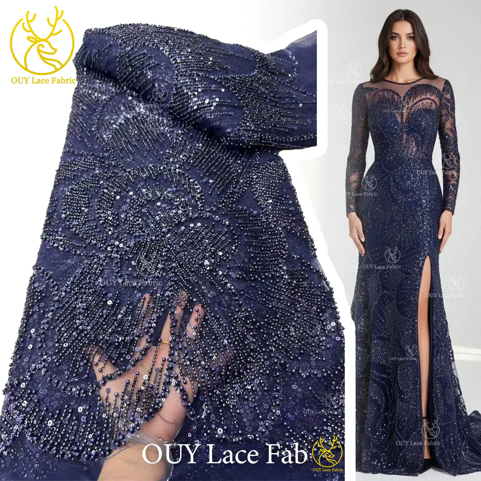 

Темно-синяя роскошная высококачественная ткань для жениха: вышитая бисером и пайетками, кружевная ткань из французского тюля для вечеринок и свадеб