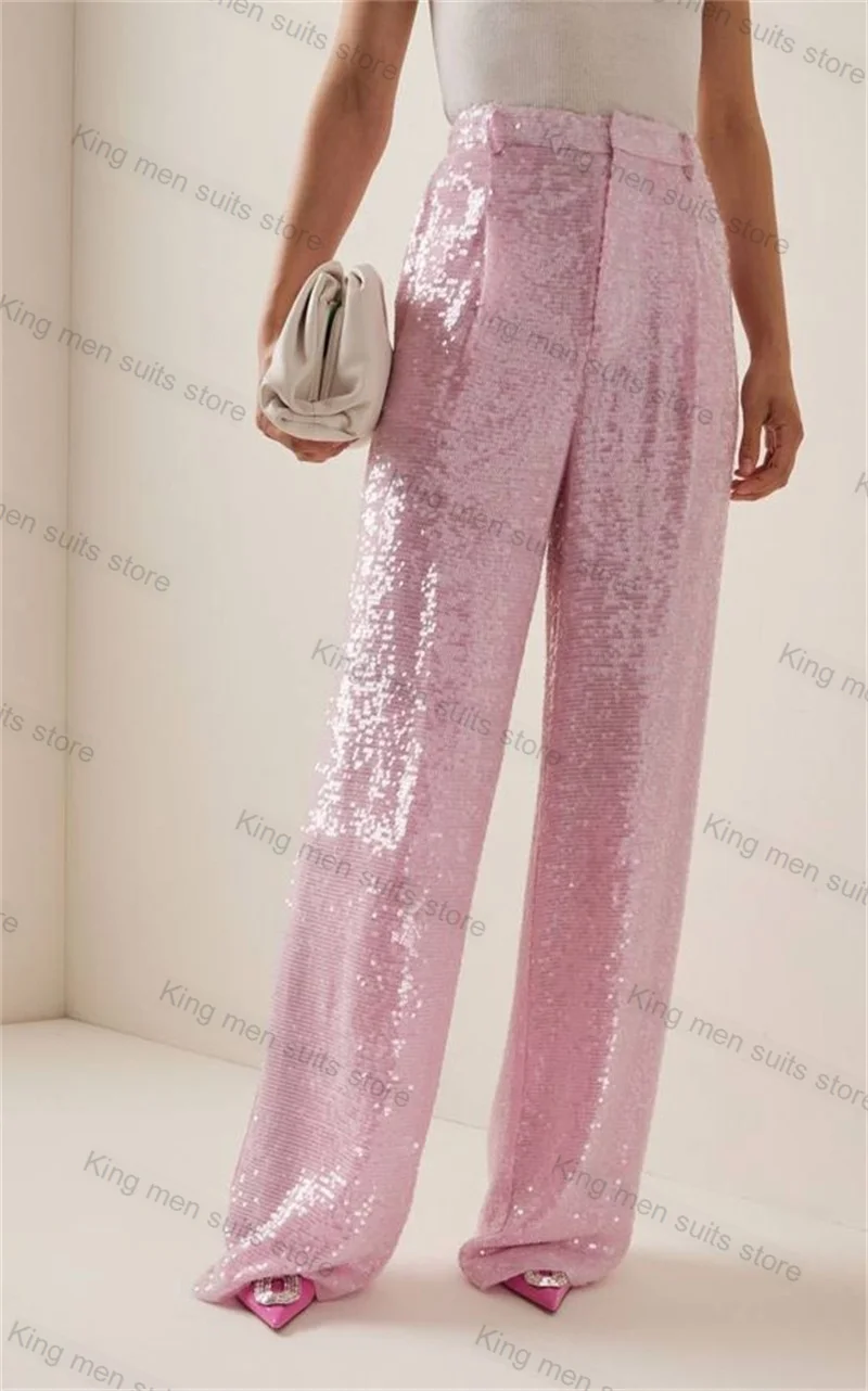 Pink Women Suit Pants Set 2 Pieces Cotton Blazer+Sequins Trousers Customized Formal Wedding Tuxedos Jacket Prom Dress Coat