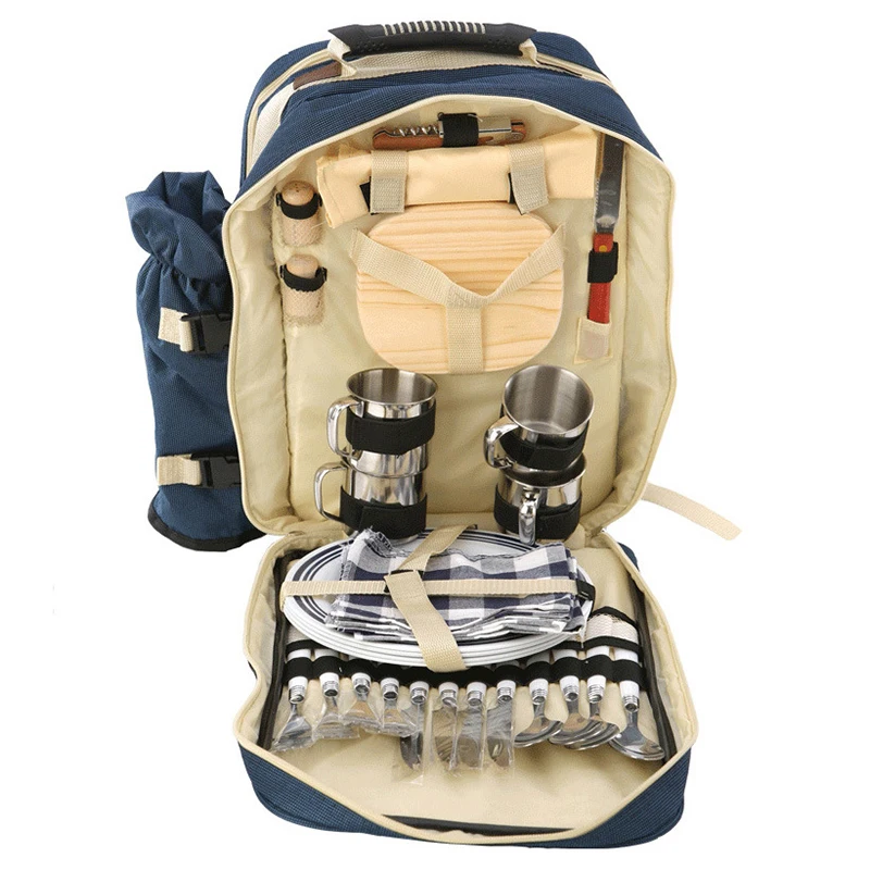 Portable 4-Person Picnic Backpack Set, Travel, Outdoor Camping, and Picnic Bag with Lunch Box and Outdoor Tableware & Cup Set