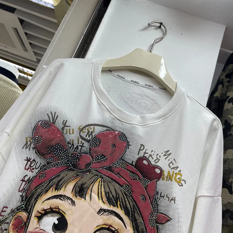 甘いかわいい新しいラインストーンガールレタークルーネックスウェットシャツジャケット女性のルーズ多用途デザインプルオーバートップ Sudaderas デ Mujer
