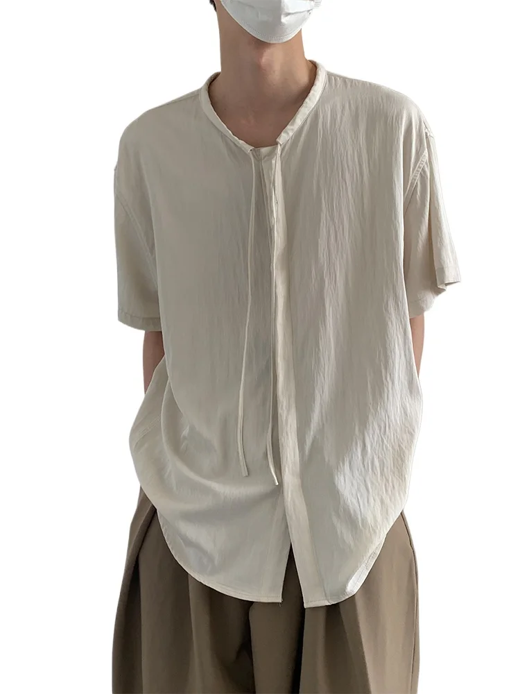 Chic Mandarin Collar Shirt for Men Women Summer Oversized Loose-Fit Casual Short Sleeve Blouse Minimalist Drawstring Top