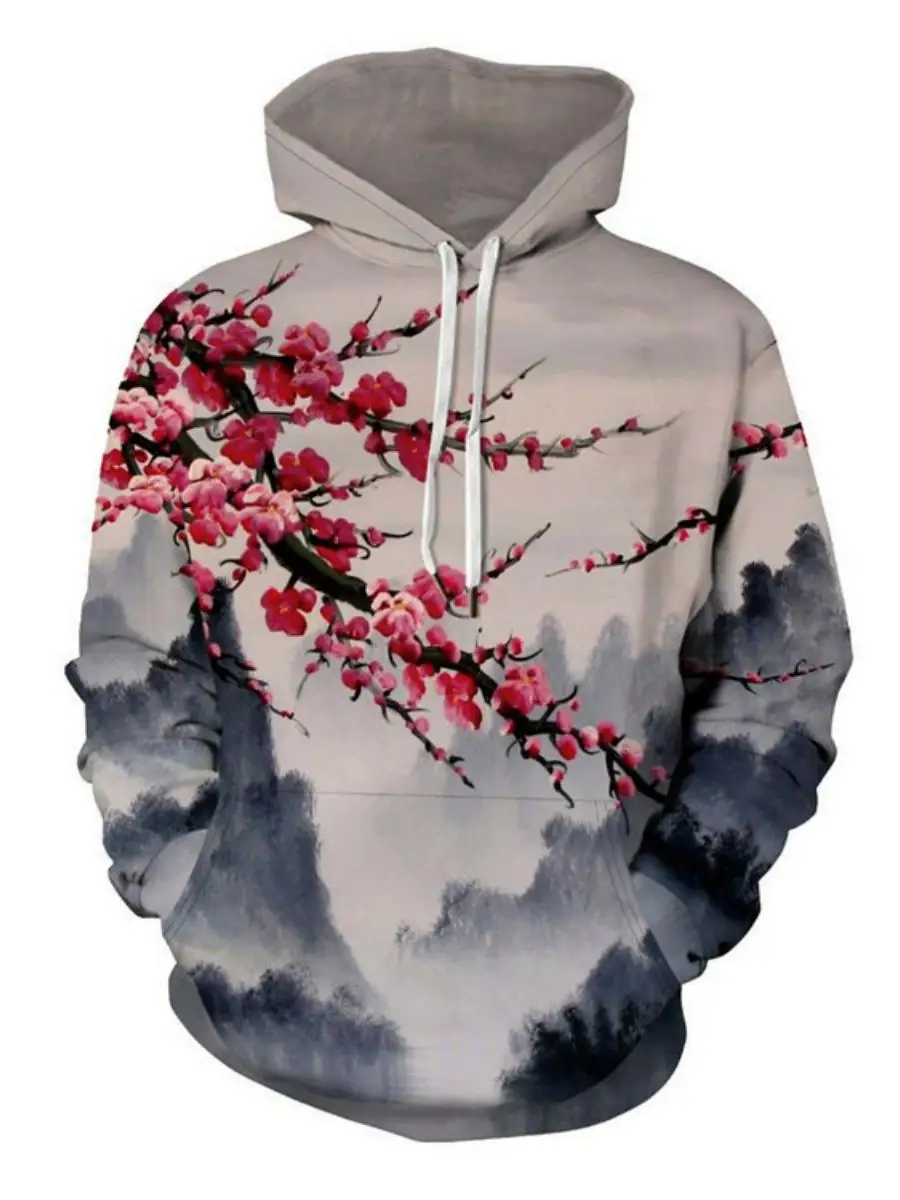 신상품 매화 산수 폭포 프린트 후드티 남성용 풀오버 디지털 3D 프린트 스웨트셔츠 봄 캐주얼웨어