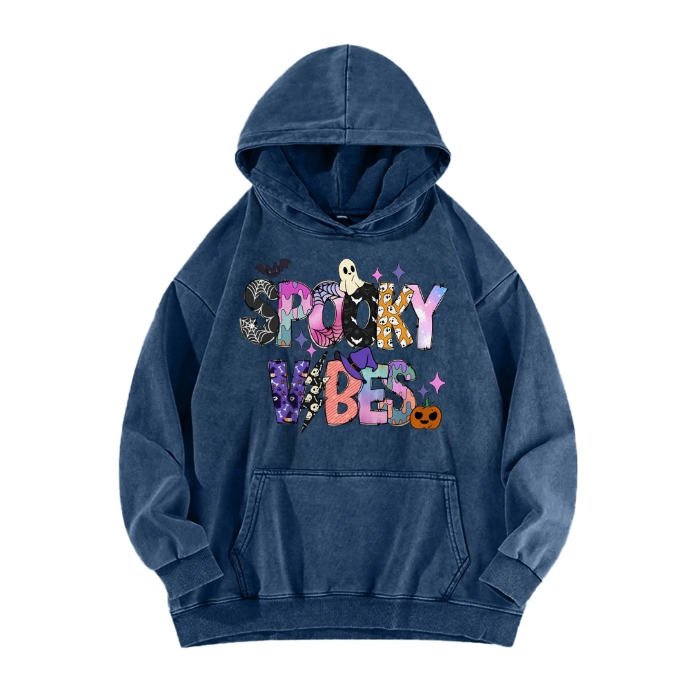 Vibes Cheerful Bat Ghost Pumpkin Casual Washed Hoodie Women's Halloween Autumn Winter Spoky Season Graphic Sweatshirt