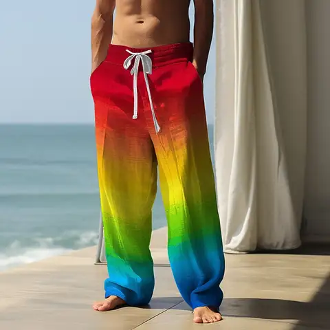 Pantalones de hombre con degradado arcoíris, cintura media, cordón elástico, casuales, de pierna ancha, para exteriores, Colección Otoño 2026
