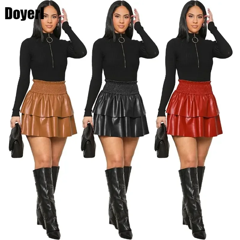 

Ruffle Layered Mini Skirt Women Clothing Black High Waist PU Faux Leather Skirt Korean Fashion Style Solid Short Pleated Skirt