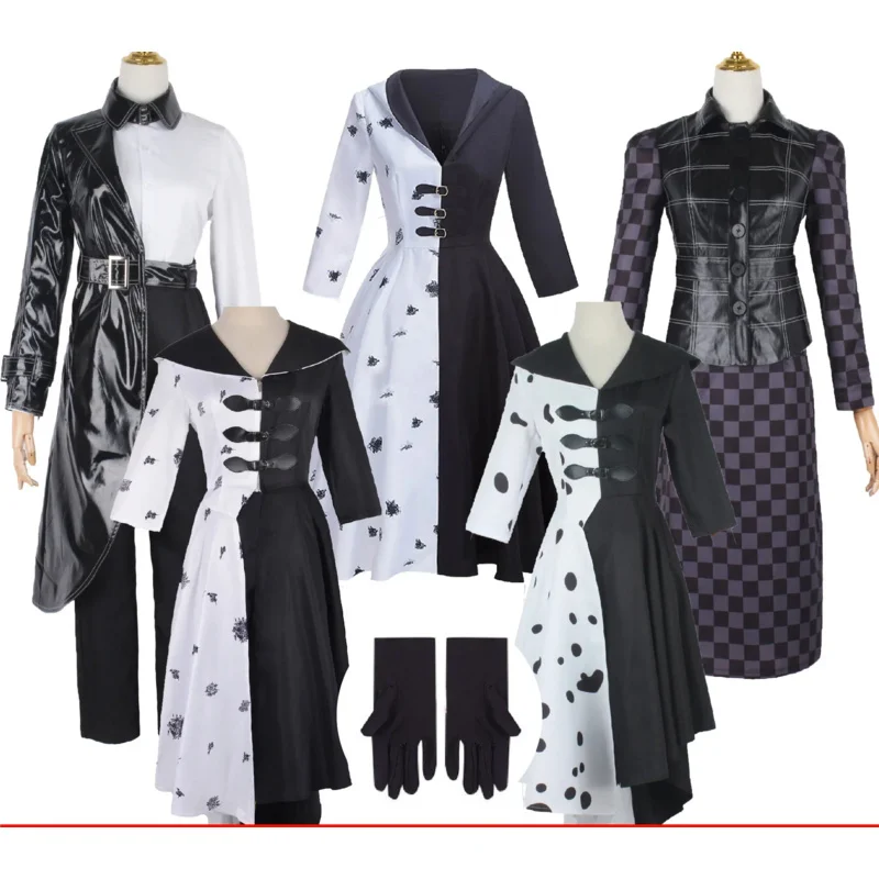 Movie Evil Madame Cruella De Vil Cosplay Costume Women Gown Black White Maid Dress Halloween Party Fancy Dress Wig